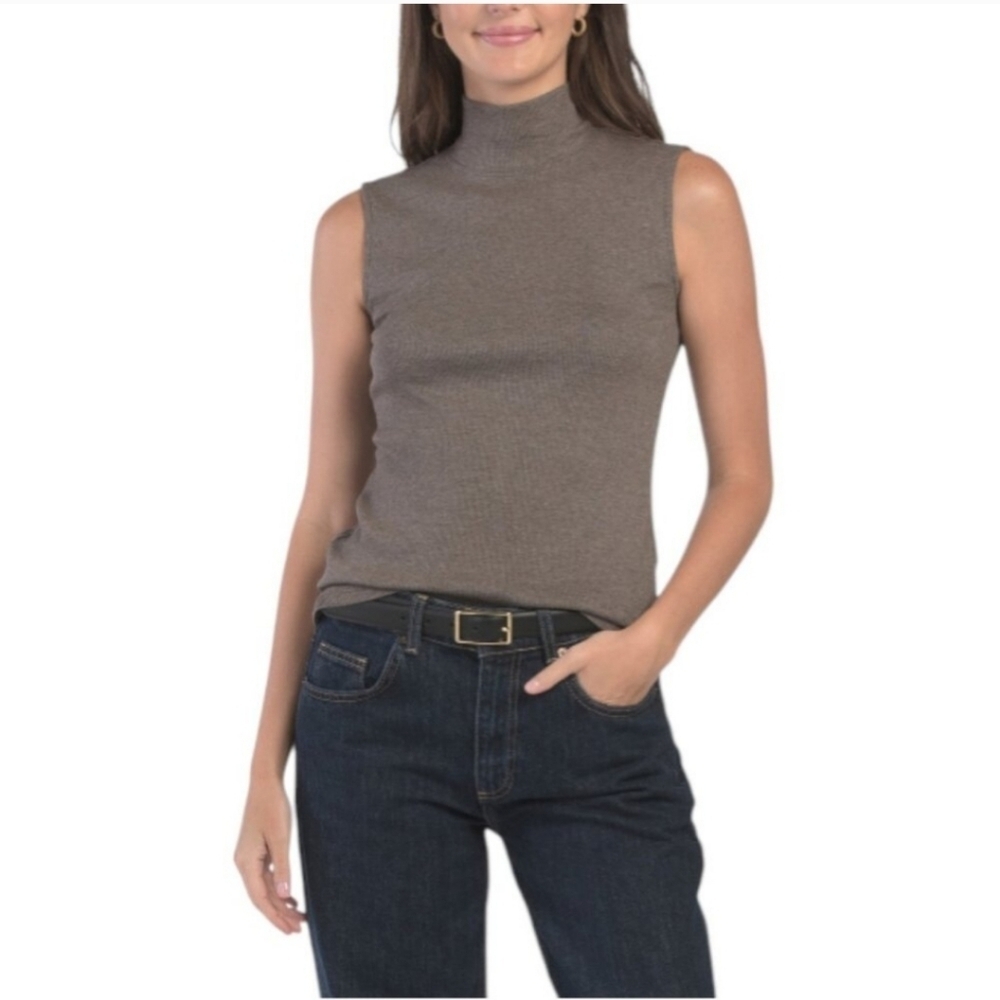 Tahari Mock-Neck Ribbed Top Y2K Classy Career Pullover Gray Medium Sleeveless
